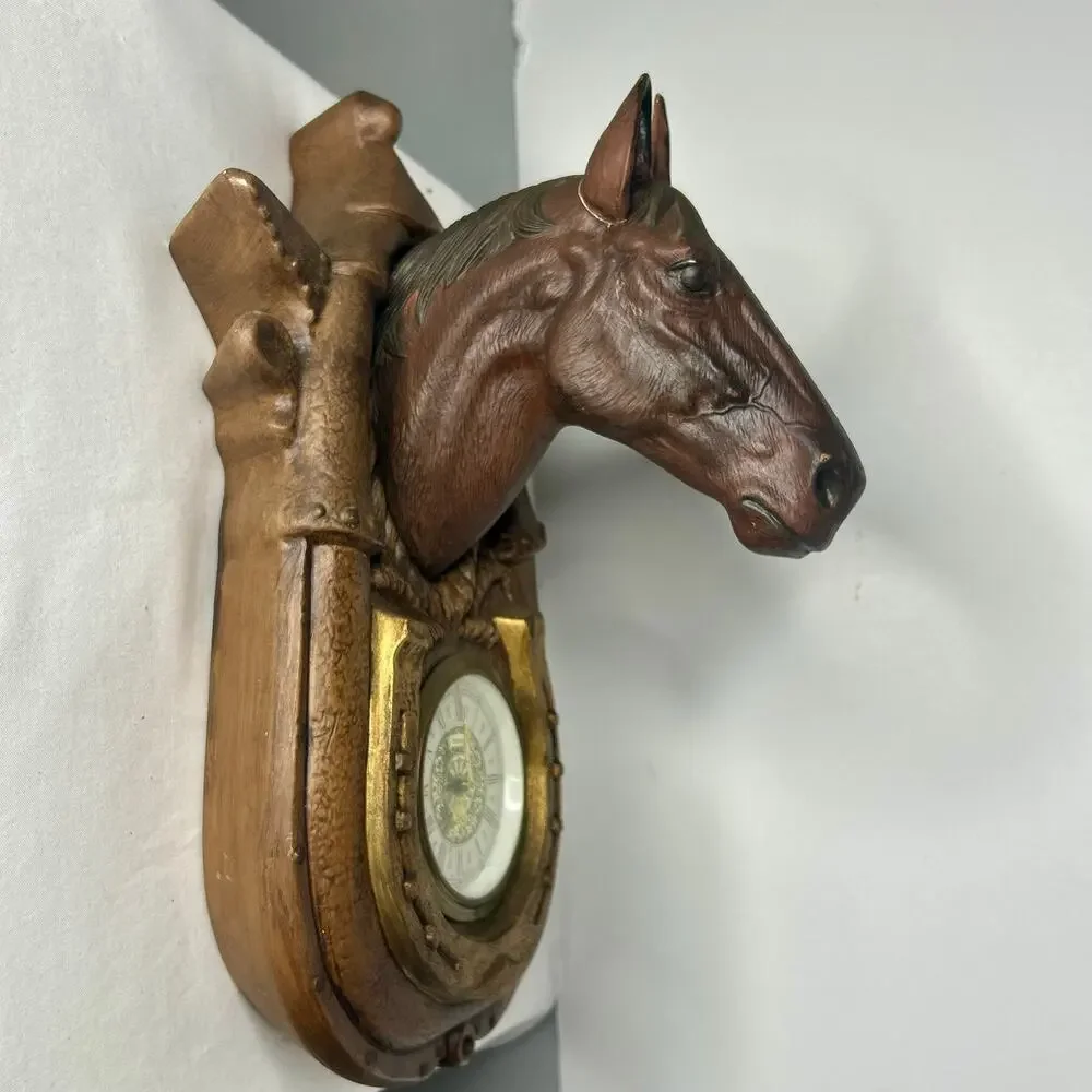 Vintage Horse Head Horseshoe Wall Clock Working German Wind Up Equestrian Decor